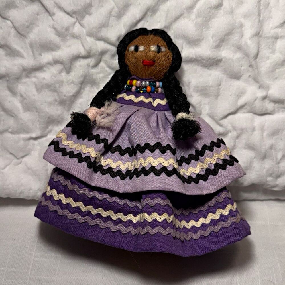 Vintage Seminole Palmetto Fiber Doll Purple Dress Ric-Rac Trim Florida Native Am